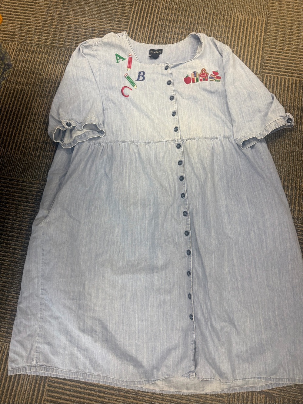 USED Vintage Maggie Barnes Chambray Denim Midi Dress Embroidered School Sz 4X